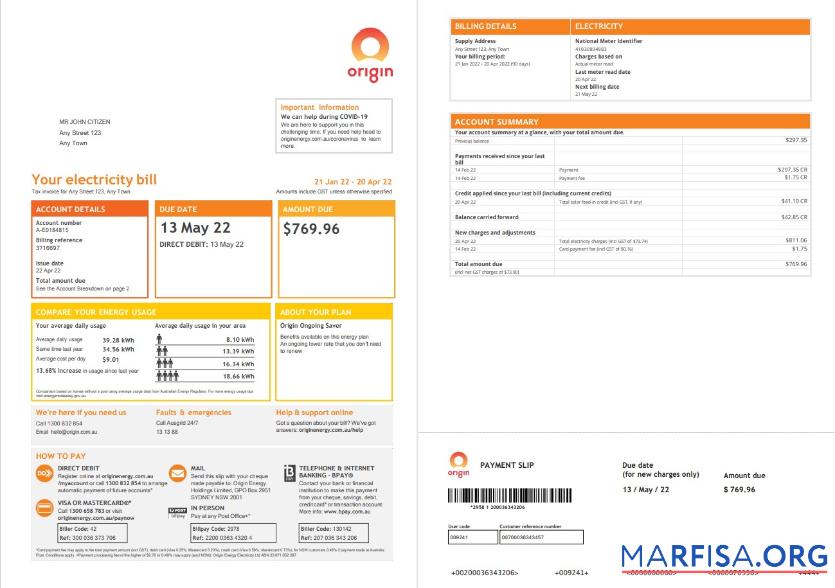 Downloadable Australia Origin utility bill, Word and PDF template, 4 pages 1 2